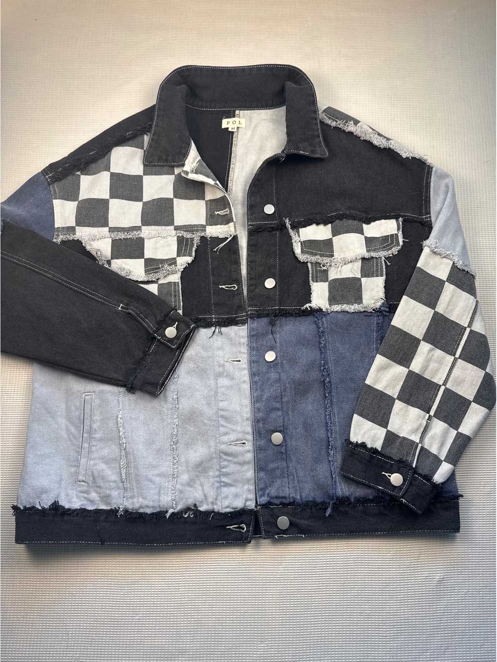 POL Patchwork Denim Jacket with Black and White Checkered Pattern